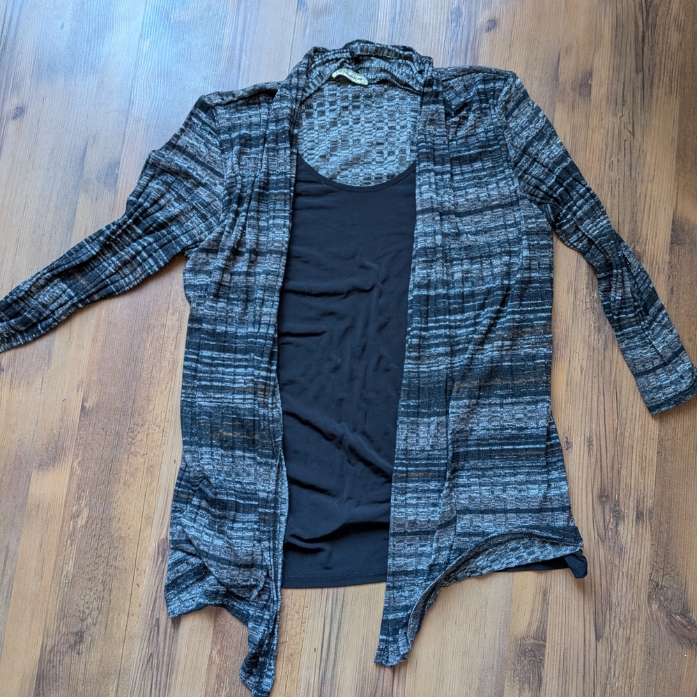 Brochure Charcoal and Black Open-Front Cardigan Styled Top